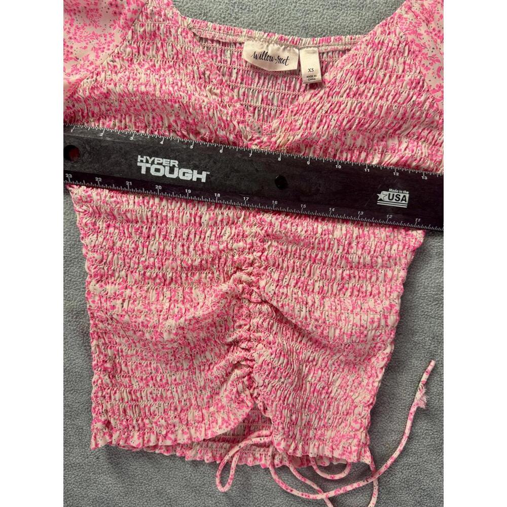 pink floral‎ smocked blouse cottagecore ruched tie front top xs - Picture 6 of 9